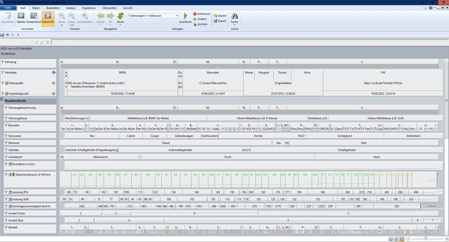InfoZoom Desktop: Übersichtskomprimierte Darstellung eines Datensatzes (Attribute und Werteverteilungen auf einen Blick)