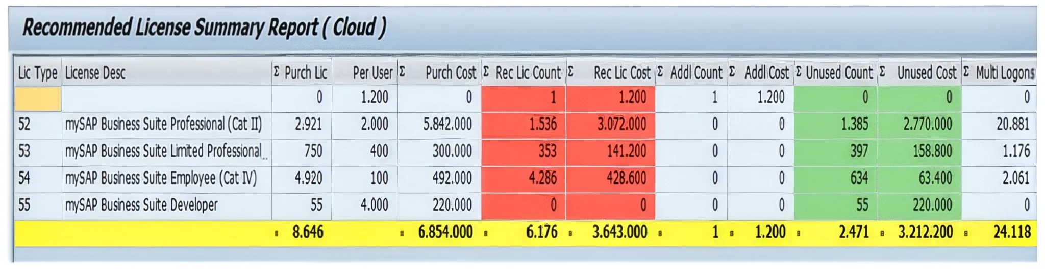 AuditBOT License Saver: Recommended License Summary Report (Auszug)