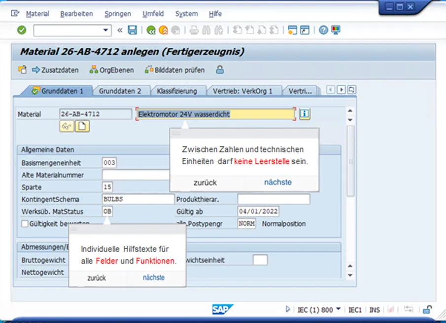 SAP-Maske Material anlegen (Fertigerzeugnis) mit OnScreen-Hilfe-Overlays zu Feldern und Eingaberegeln